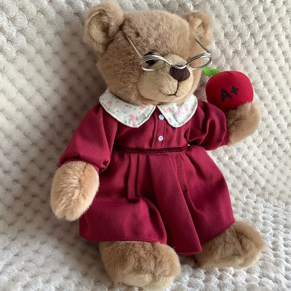 Artapower Plush Teacher Bear w Glasses and Apple in Red Dress Stuffed Animal Toy - Picture 2 of 12
